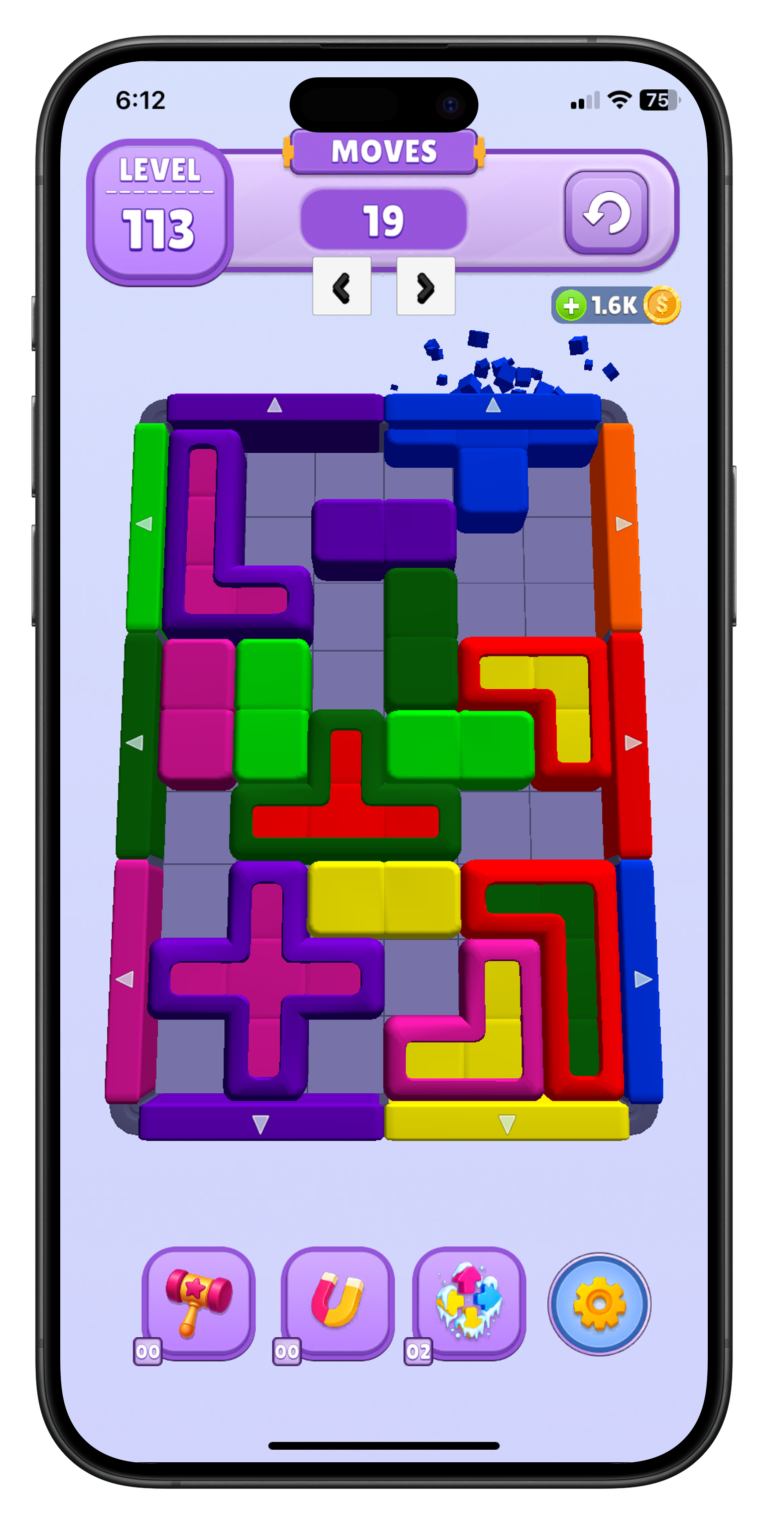 iPhone mockup showing Color Block Match gameplay grid and purple blocks